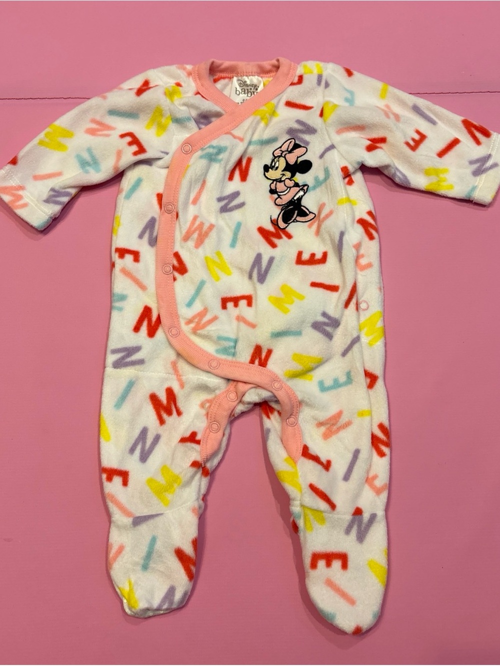 Disney White Fleece Minnie Mouse Footed One-Piece with Pink Trim